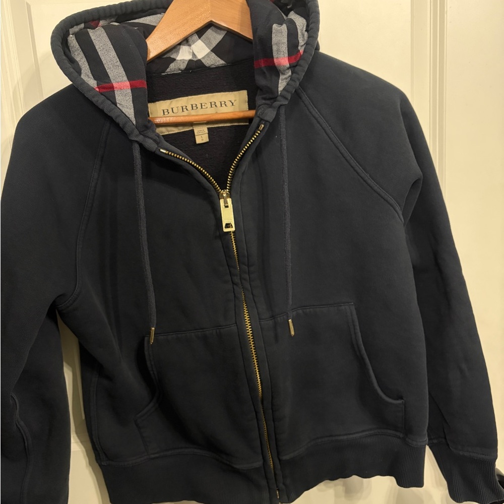 Great condition Burberry Navy Hoodie with Plaid Accent. Gold Burberry zipper. - Picture 4 of 17